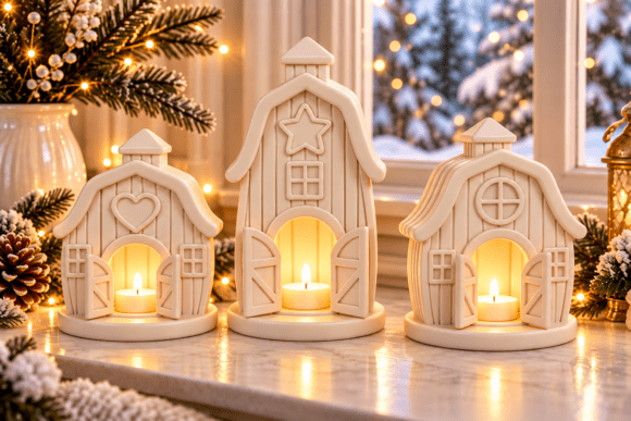 Christmas Village Tealight Holder 3D STL - 3 Cottage House Models for 3D Printing - Image 1