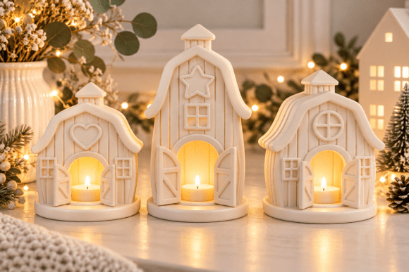 Christmas Village Tealight Holder 3D STL - 3 Cottage House Models for 3D Printing - Image 2