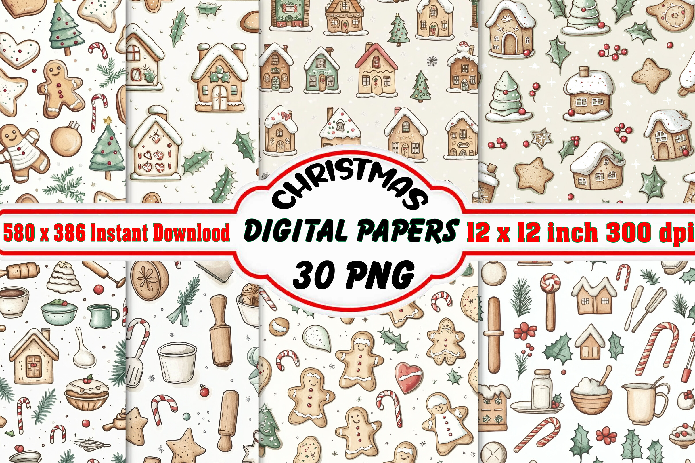 Christmas Cookie Digital Papers Patterns