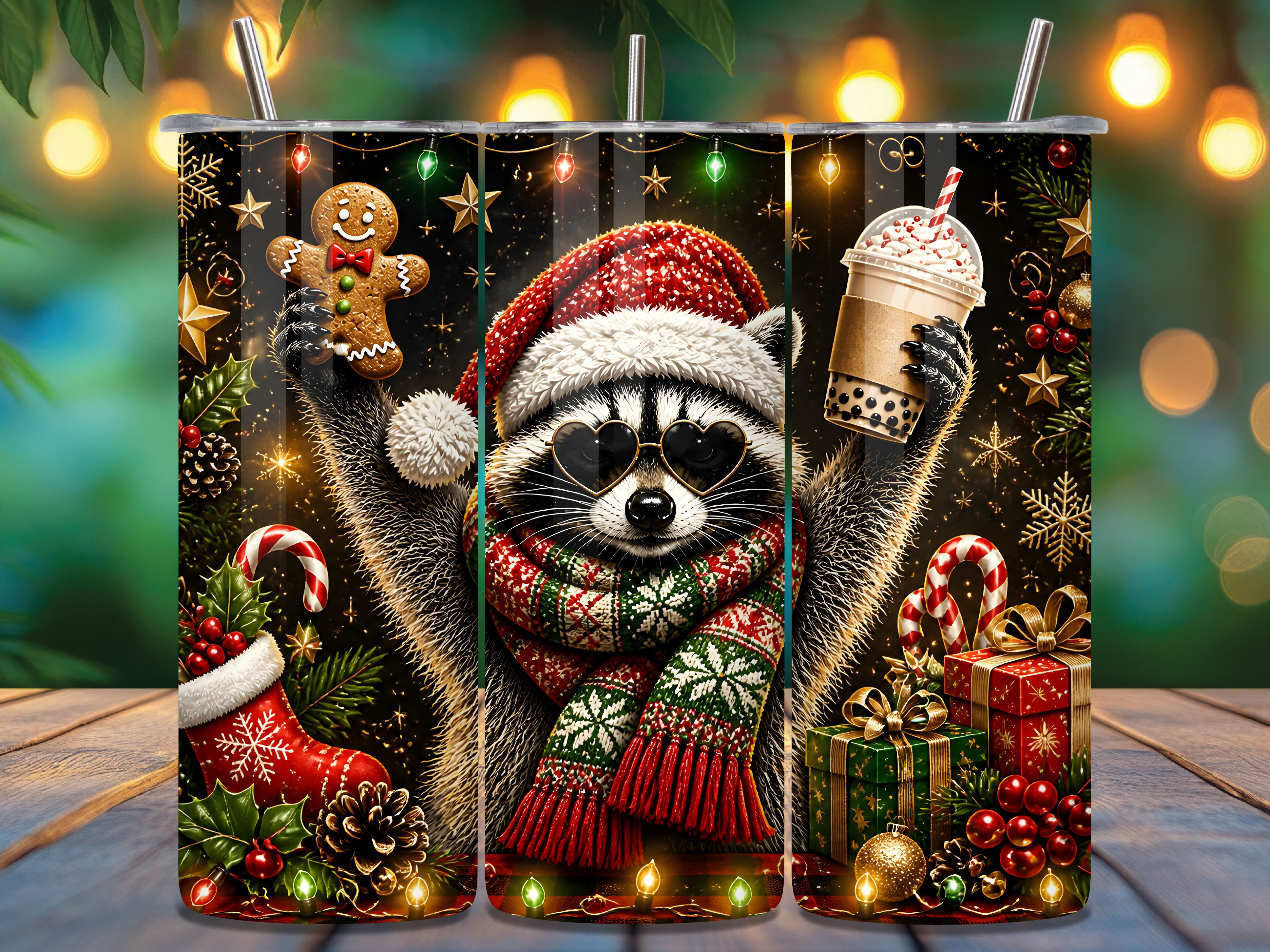 Cute Christmas Raccoon Tumbler Wrap