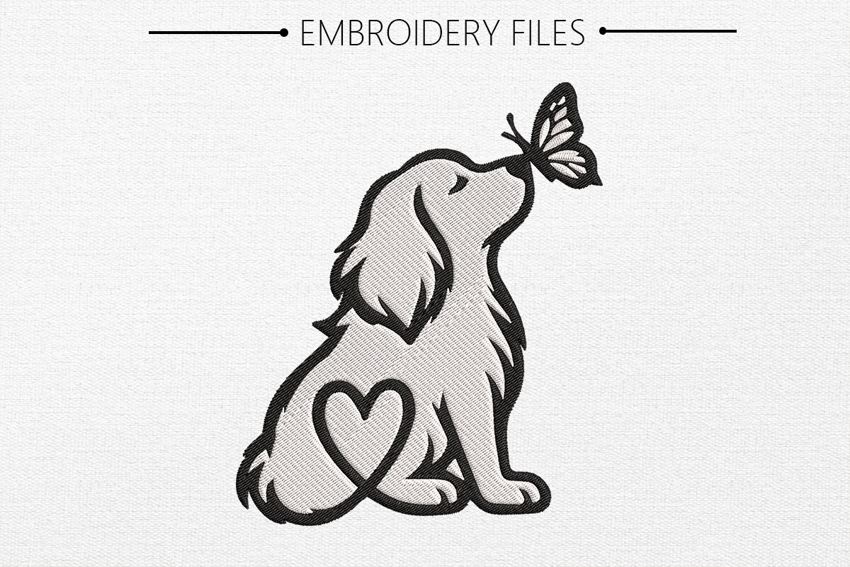 Cute Dog with Butterfly Embroidery Desig