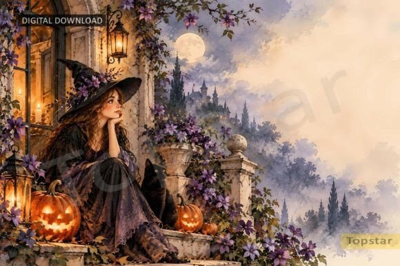 Cute Gothic Witch Halloween Background