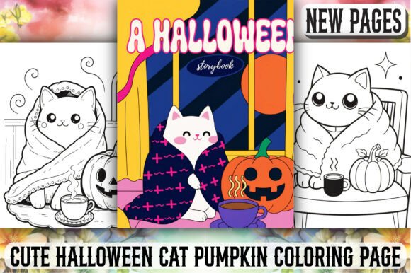 Cute Halloween Cat Pumpkin Coloring Page