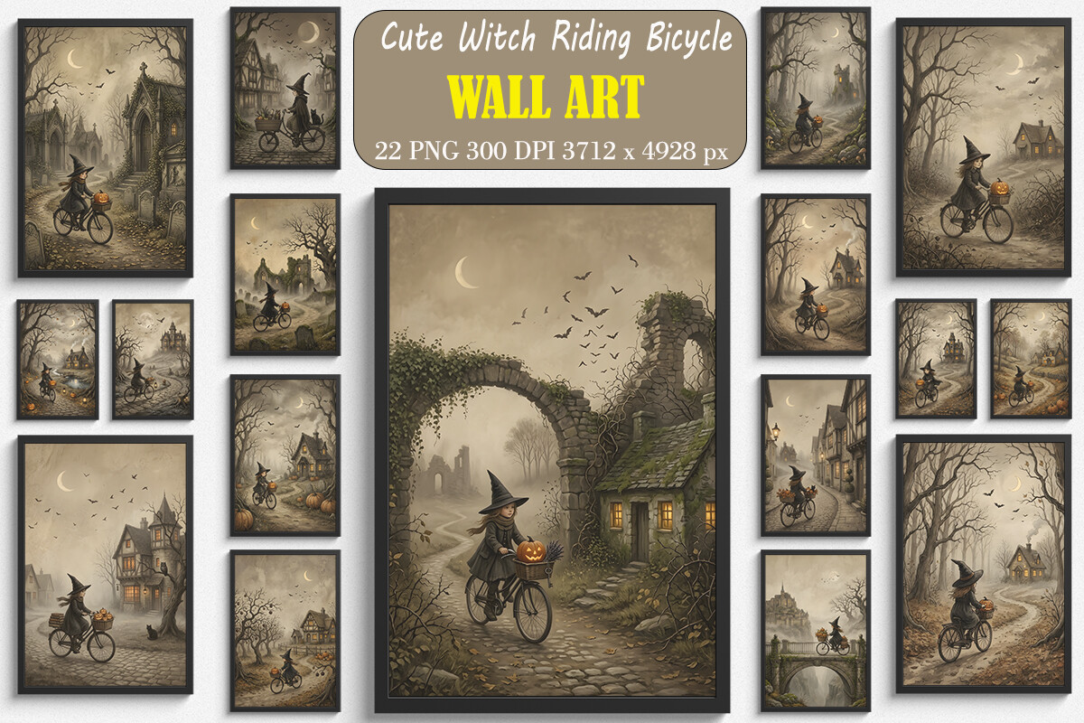 Cute Witch Riding Bicycle Wall Art