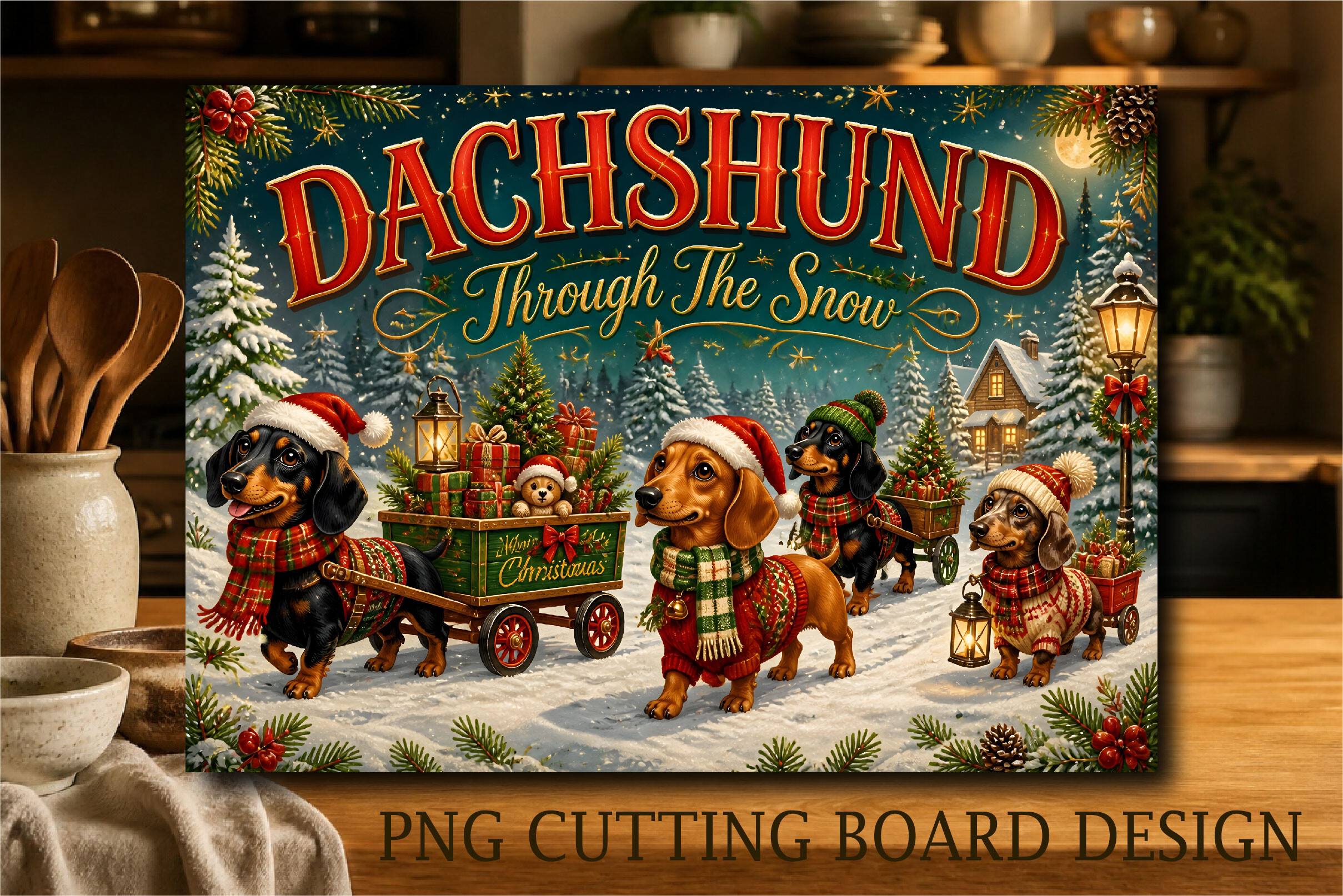 Dachshund Snow Christmas Cutting Board