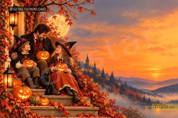 Dad and Kids Halloween Background Family