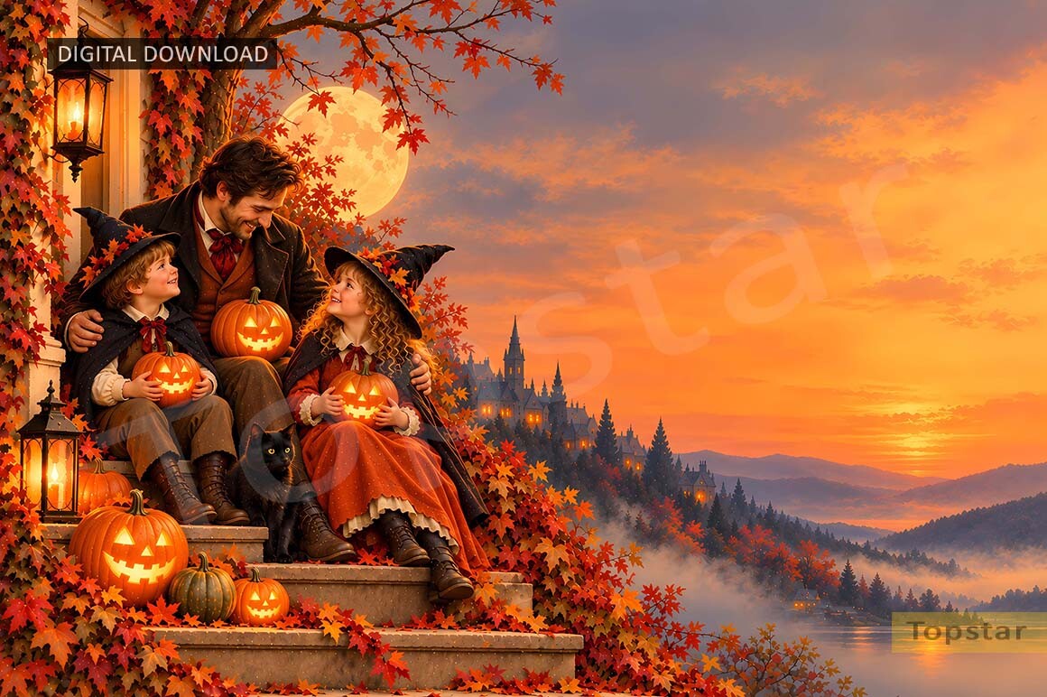 Dad and Kids Halloween Background Family