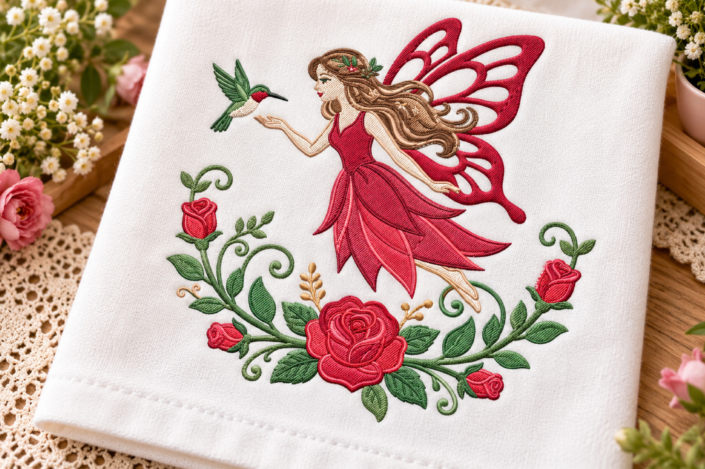Fairy Rose Hummingbird Embroidery