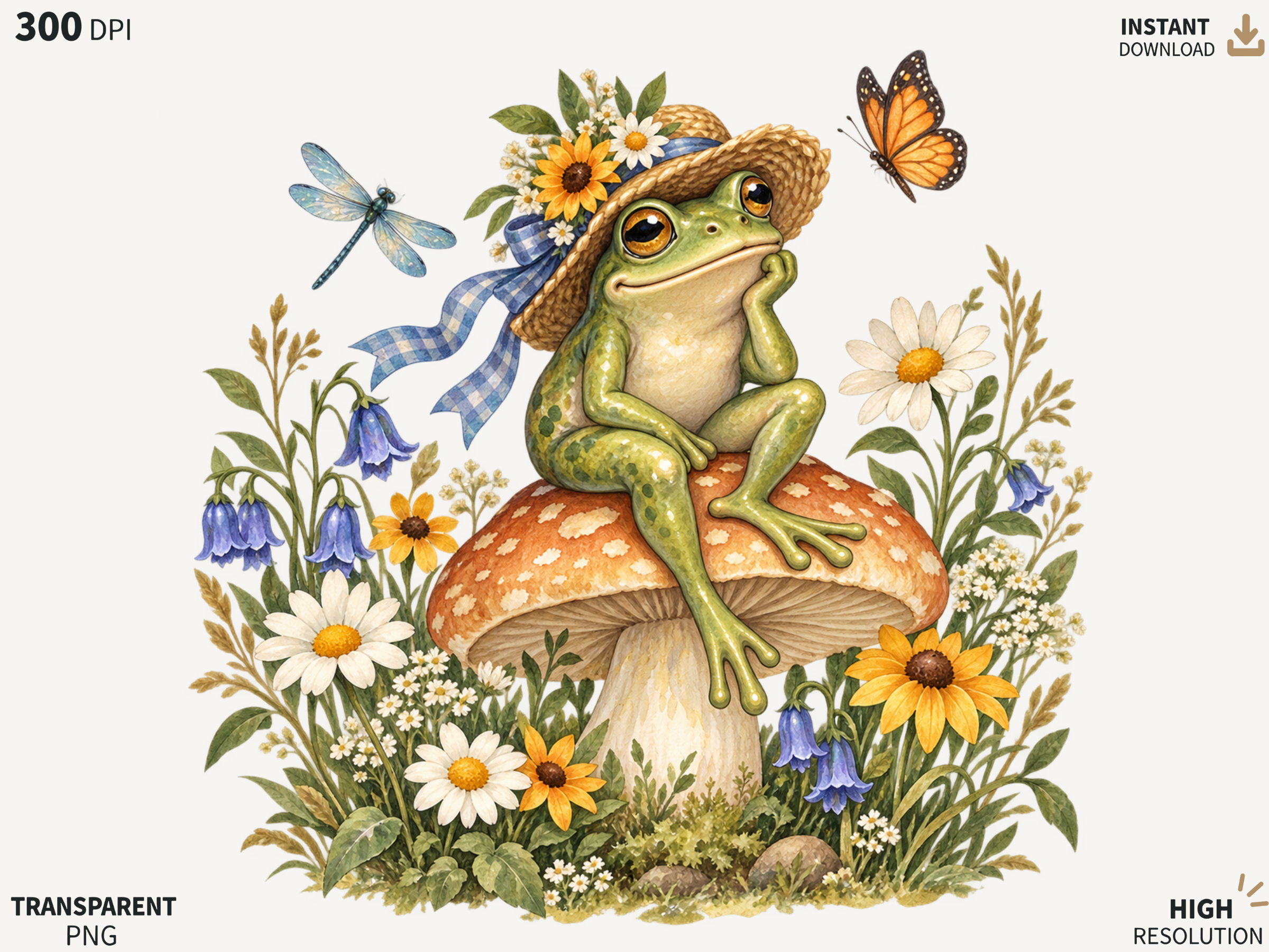 Floral Frog on Mushroom PNG, Cottagecore