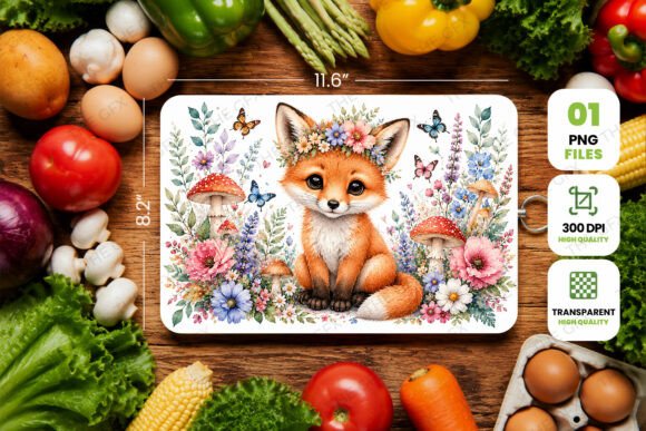 Fox Floral Cutting Board PNG Design
