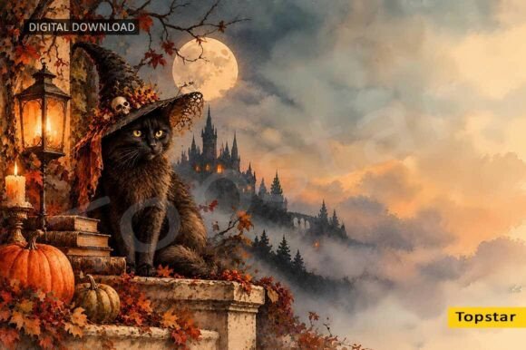 Halloween Background Black Cat Witch Art