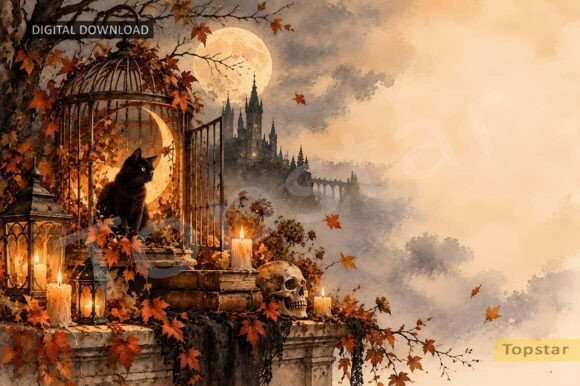 Haunted Castle Cat Halloween Background
