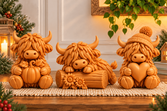 Highland Cow Christmas Set STL – 3D Print Model (3 Designs) - Image 1