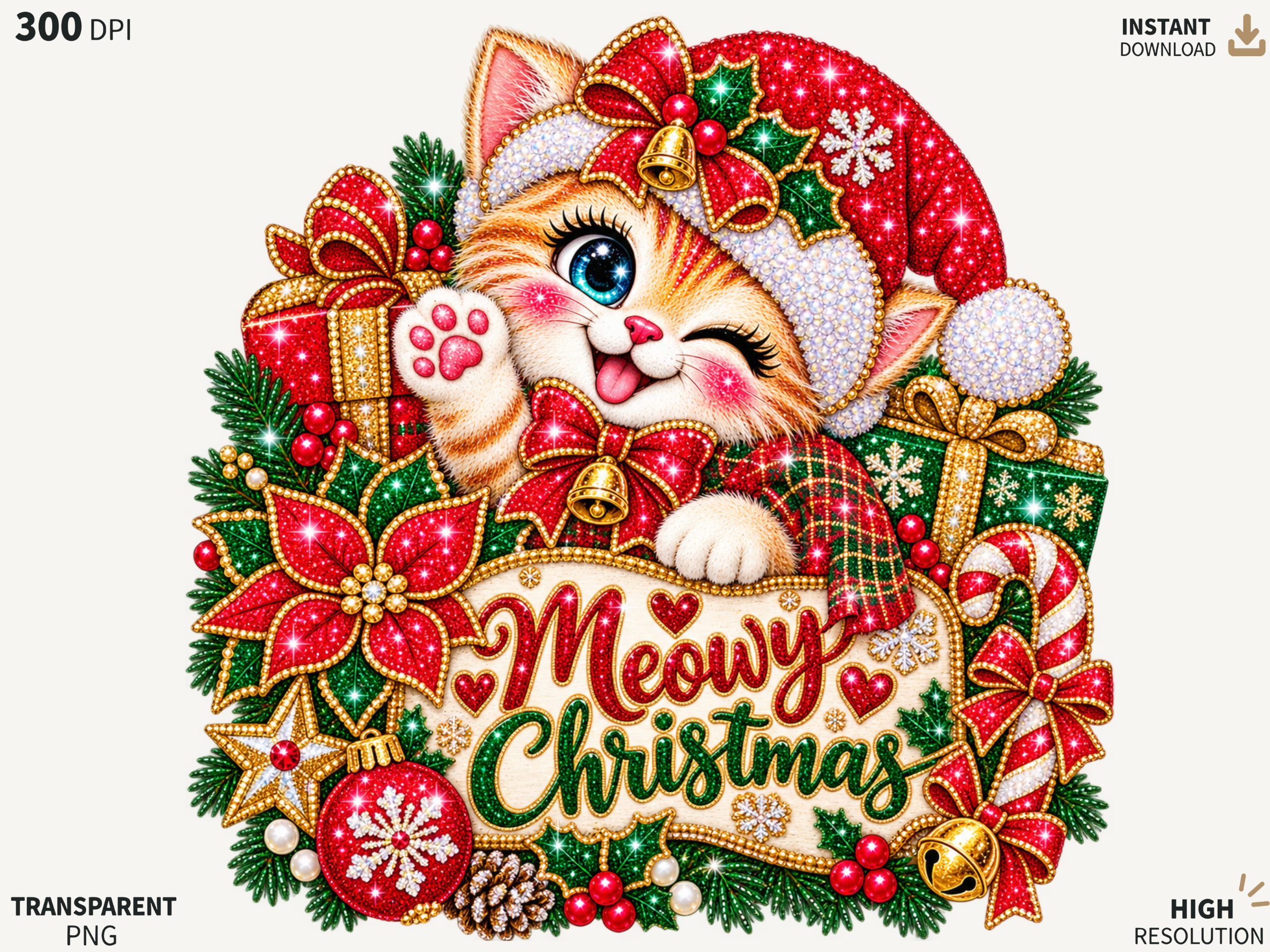 Meowy Christmas Cat Holiday PNG, Winking