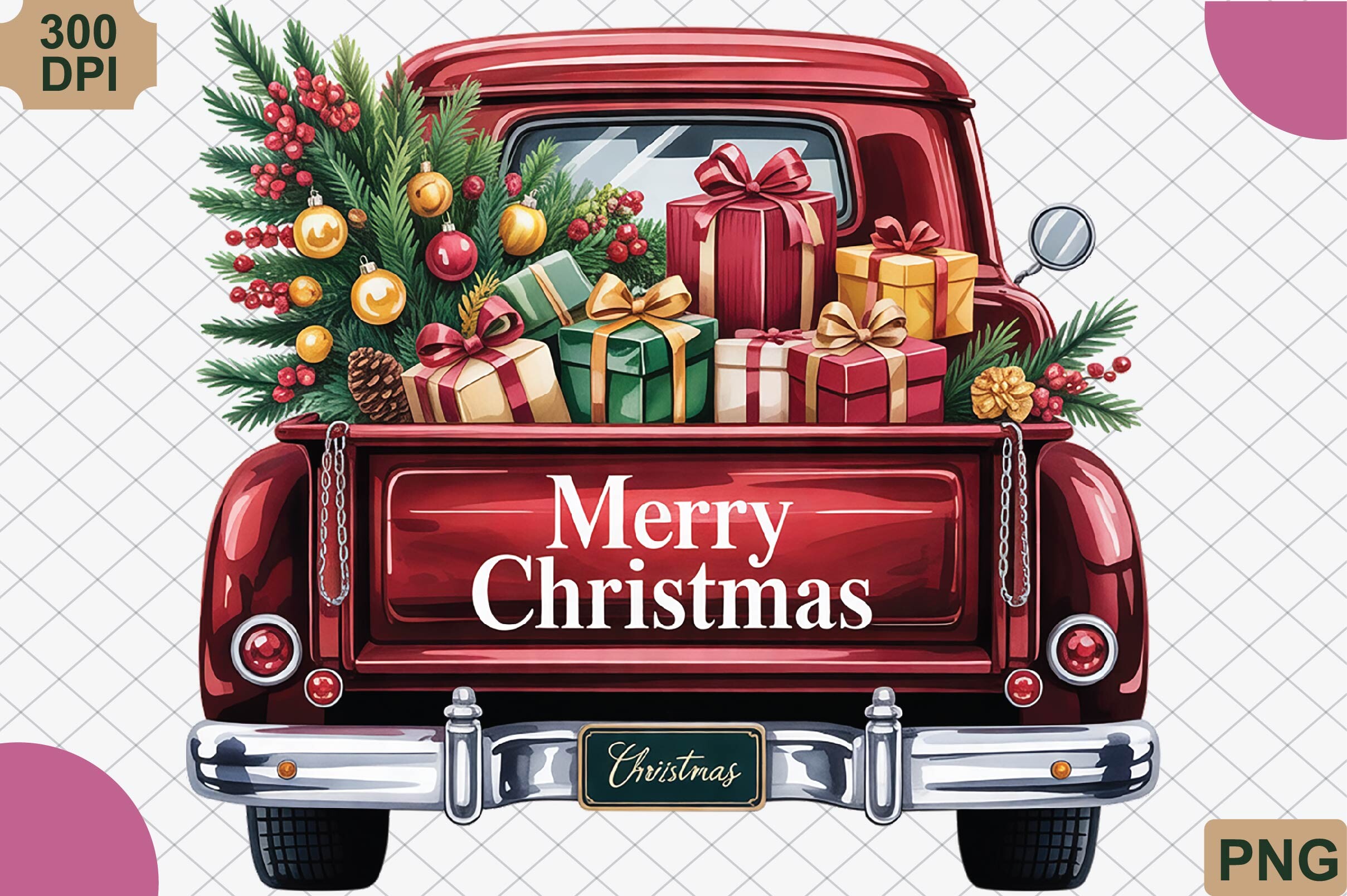 Merry Christmas Red Truck Tree PNG