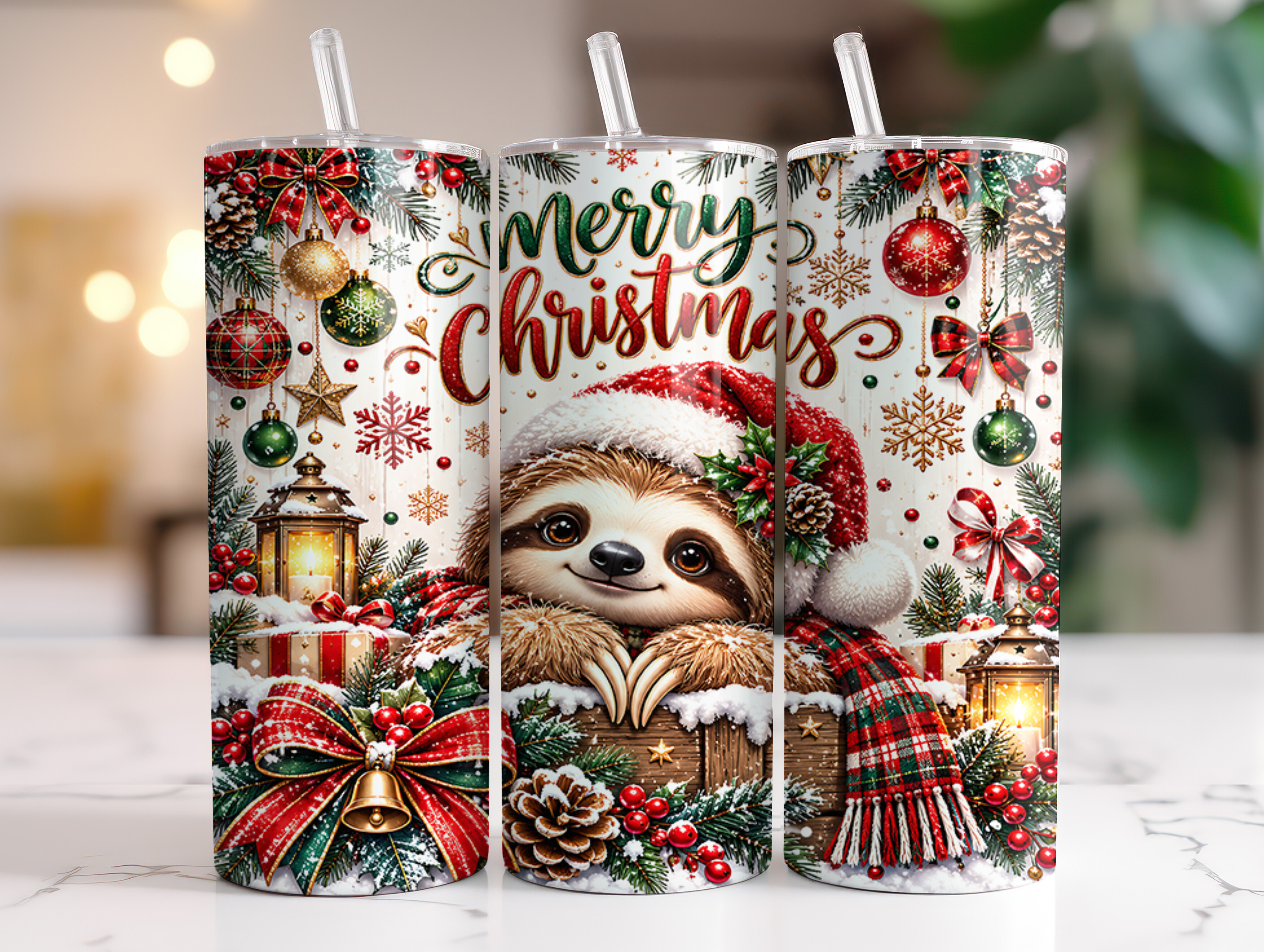 Merry Christmas Sloth 20oz Tumbler Wrap