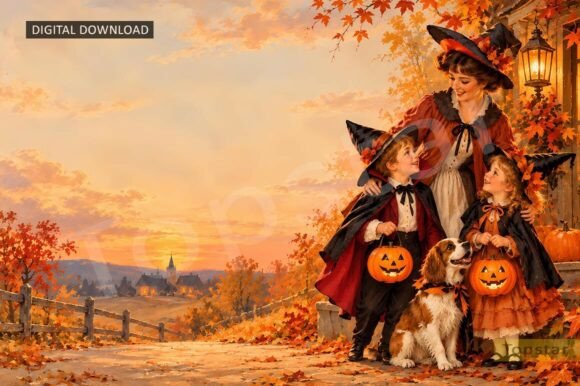 Mom and Kids Halloween Background Family