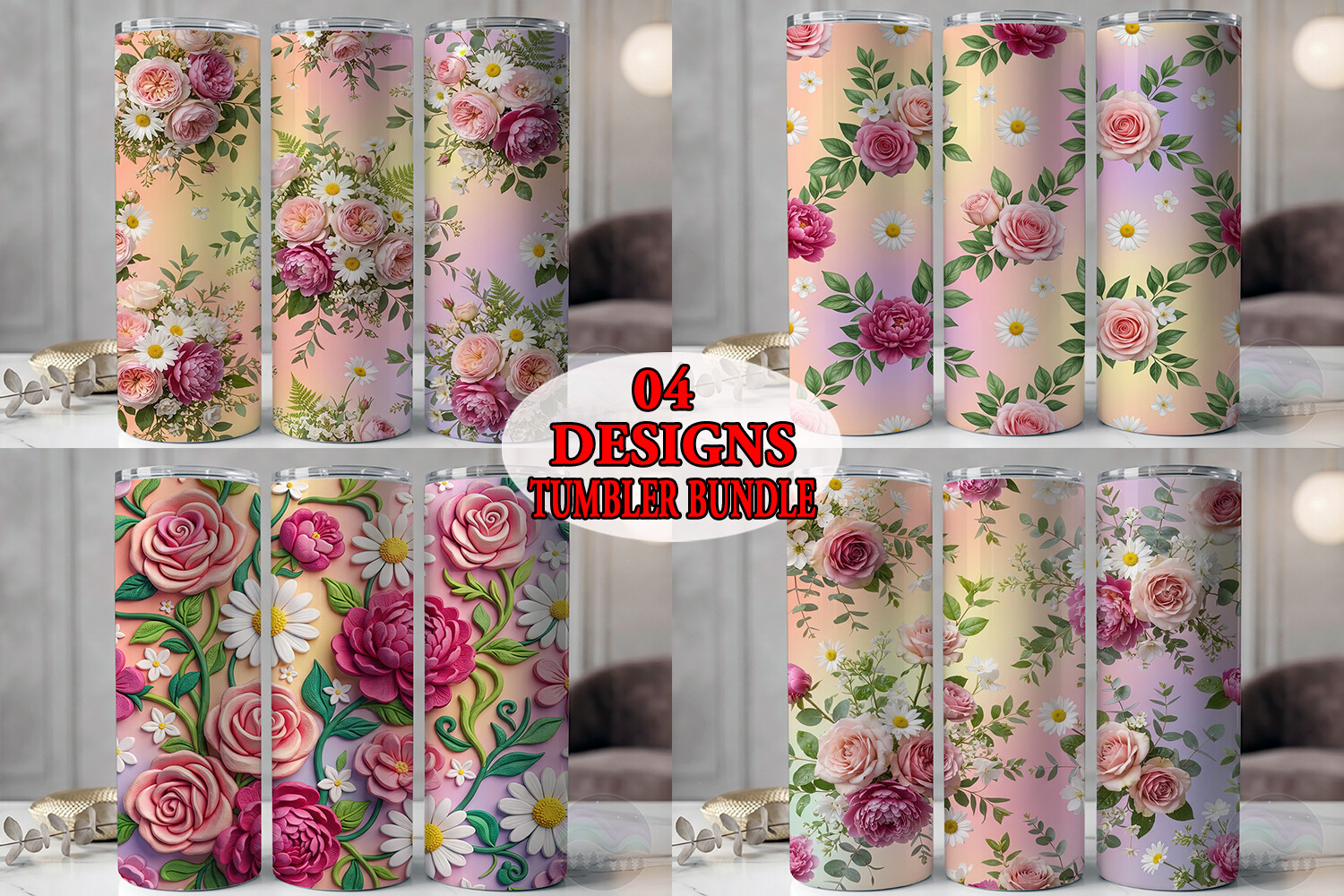 Pastel Rose Peony Tumbler Bundle