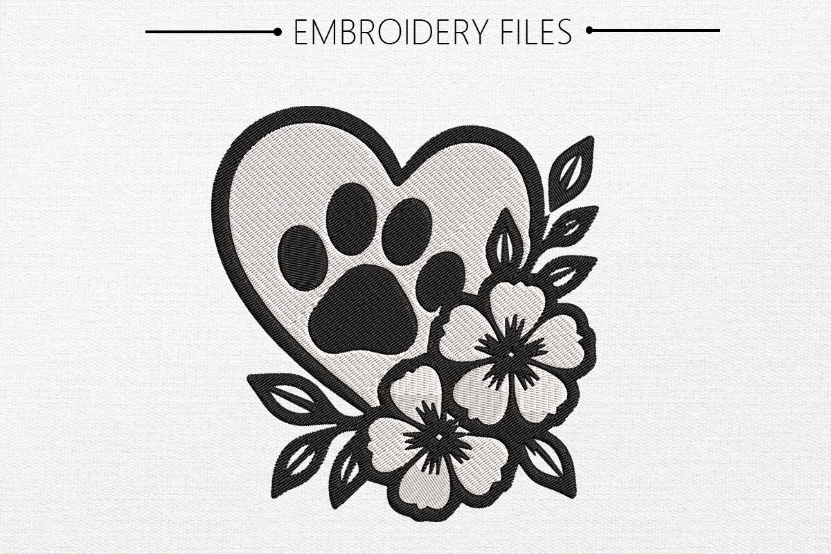 Paw Print with Heart Embroidery Design