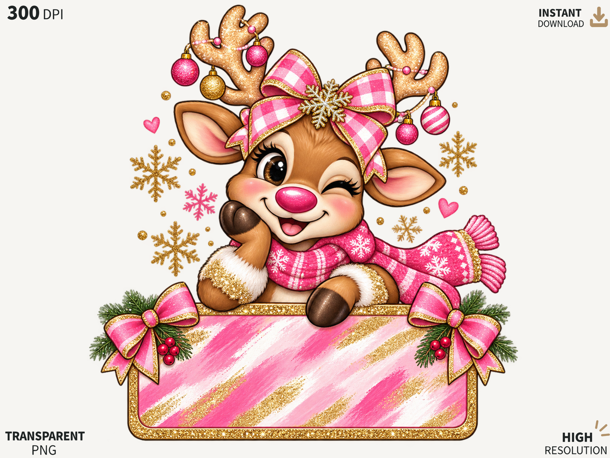 Pink Christmas Reindeer PNG, Cute Reinde