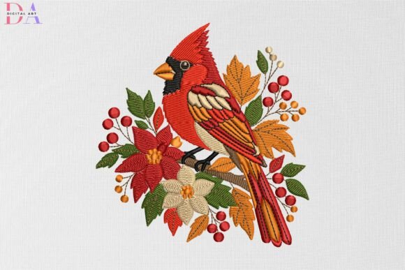 Red Bird with Fall Leaves & Flowers