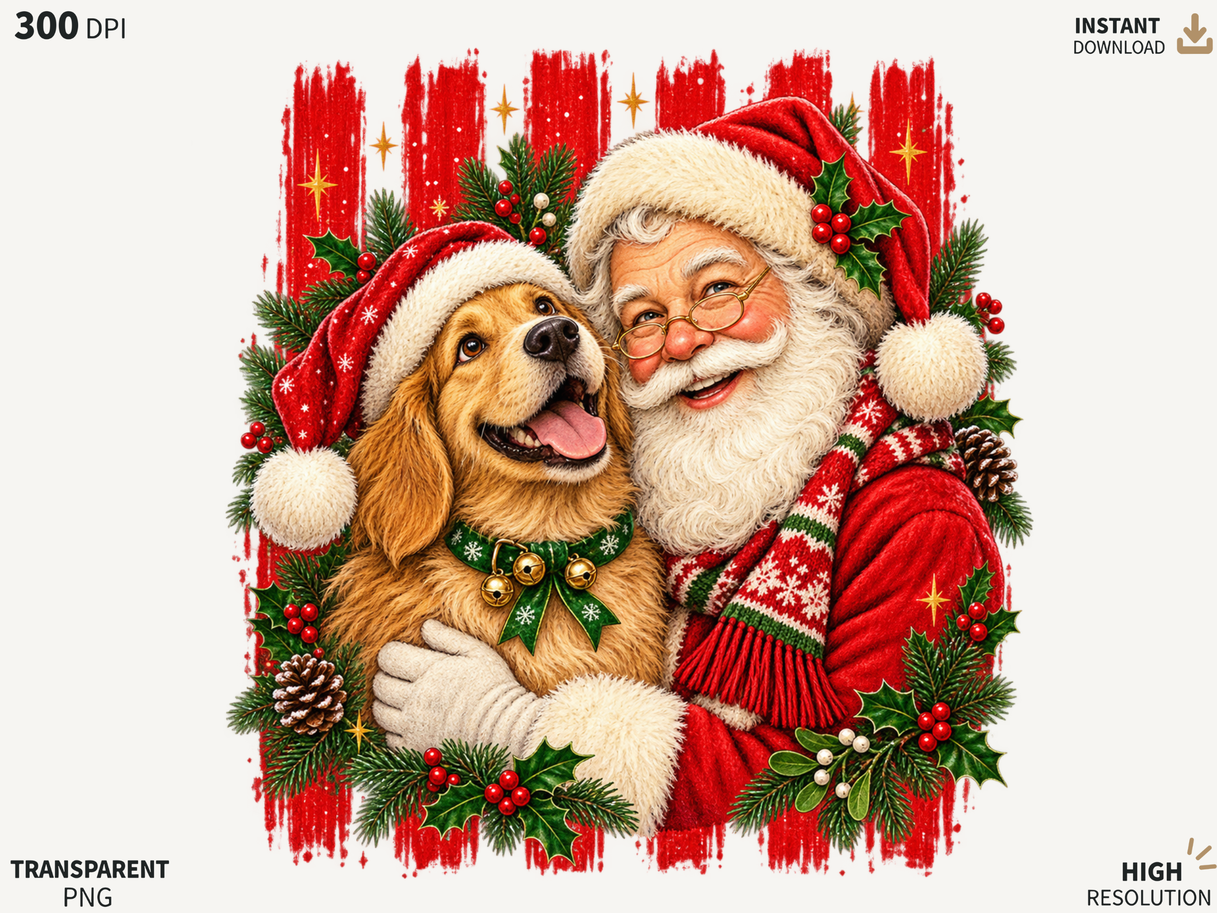 Santa Dog Christmas PNG, Golden Dog Holi