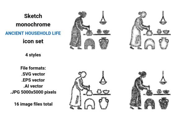 Sketch Ancient Household Life Icon Set
