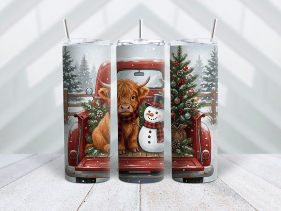 Snowman Highland Cow Truck Tumbler Wrap