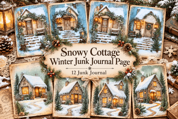 Snowy Cottage Winter Junk Journal Page