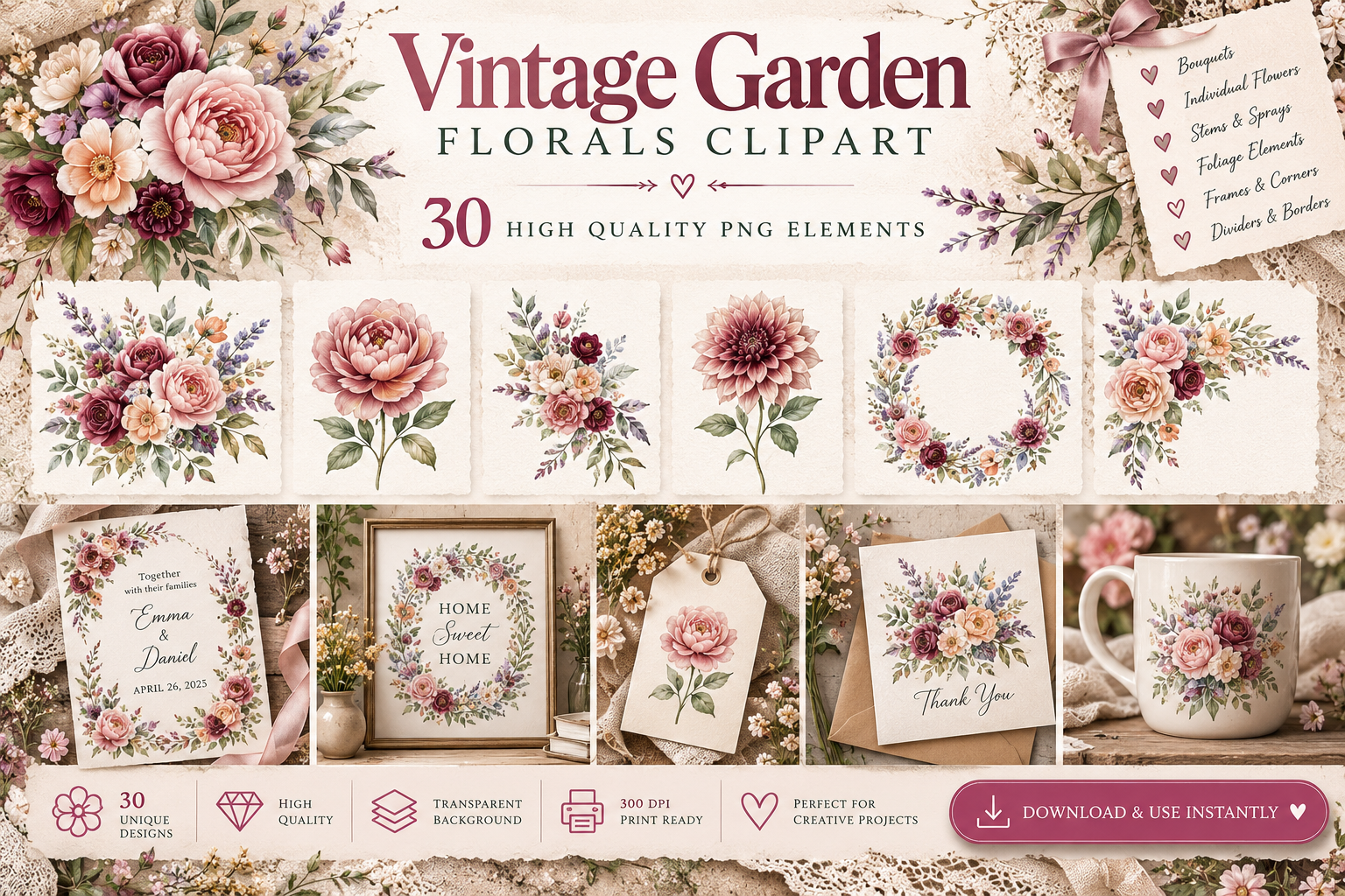 Vintage Garden Florals Clipart