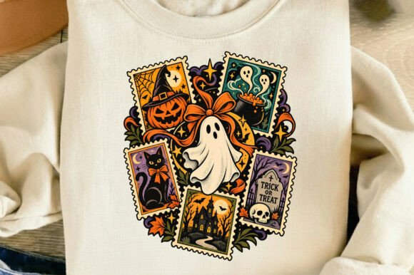 Vintage Halloween Ghost Cat Pumpkin Png