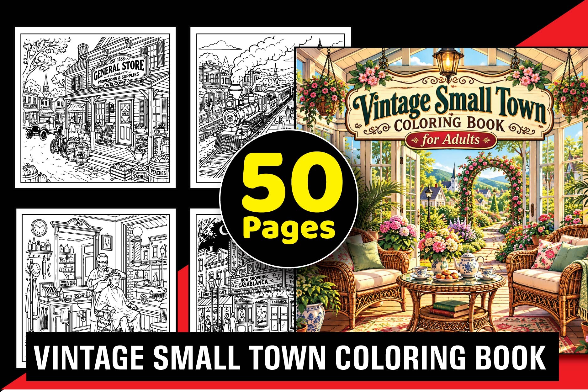 Vintage Small Town Coloring Book