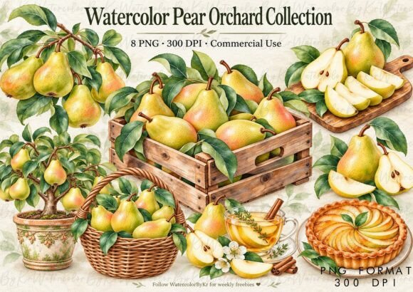 Watercolor Fall Pear Orchard Bundle PNG