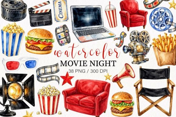 Watercolor Movie Night Clipart