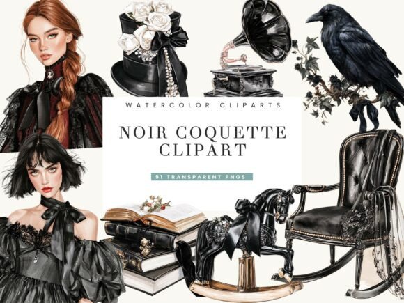 Watercolor Noir Coquette Clipart Bundle
