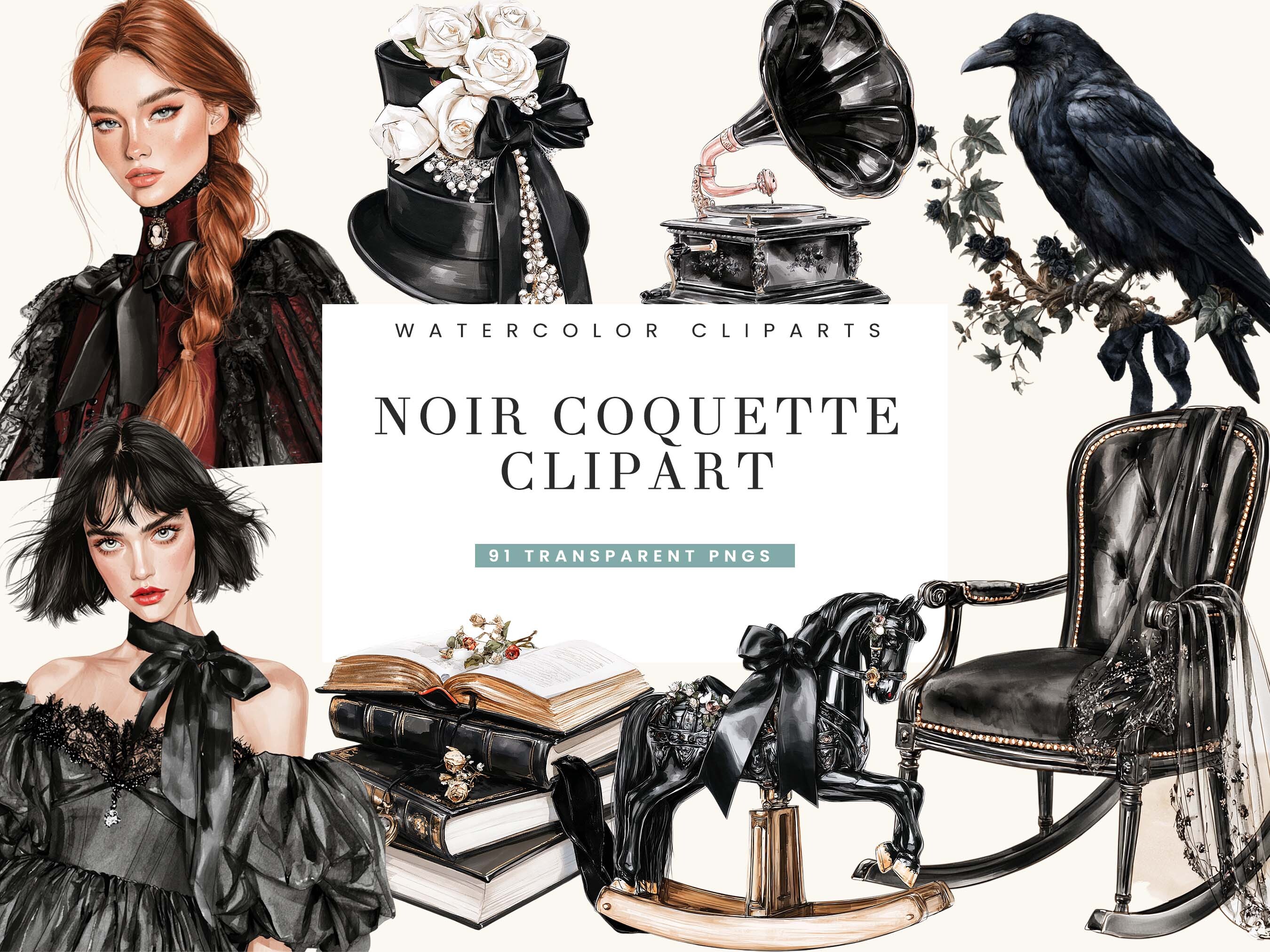 Watercolor Noir Coquette Clipart Bundle