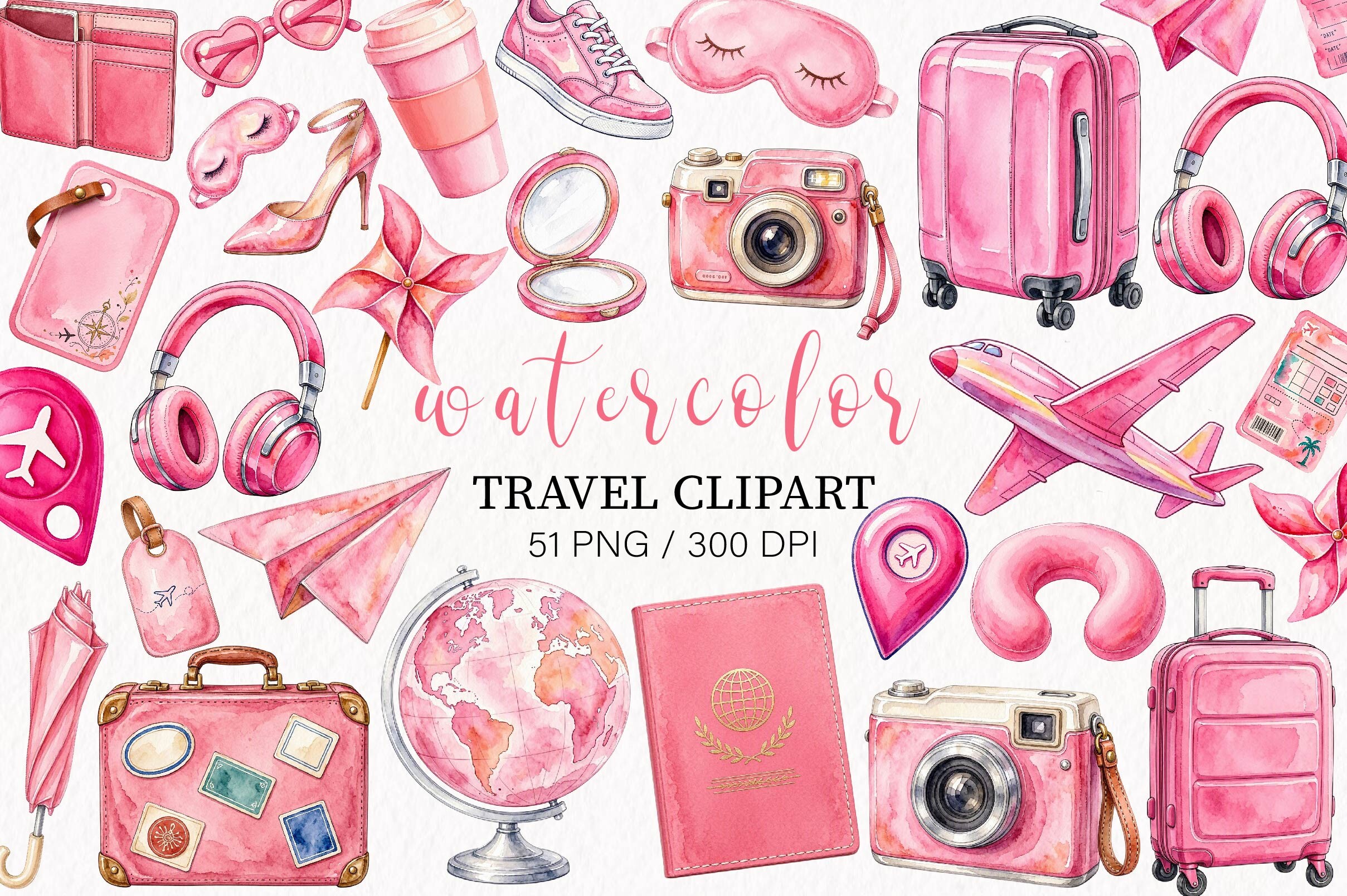 Watercolor Pink Travel Clipart