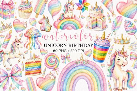 Watercolor Unicorn Birthday Clipart