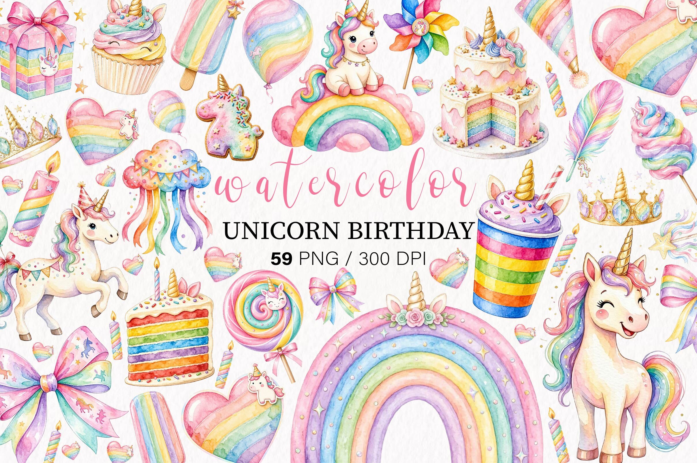 Watercolor Unicorn Birthday Clipart