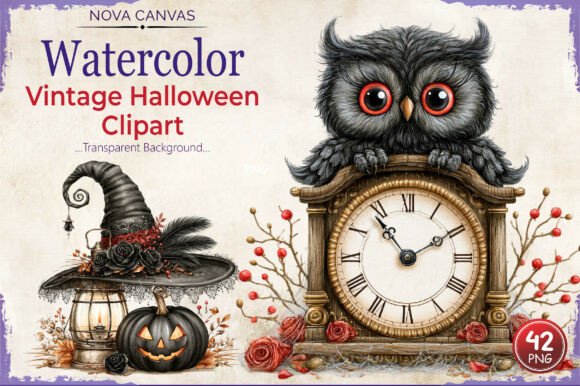Watercolor Vintage Halloween Clipart PNG