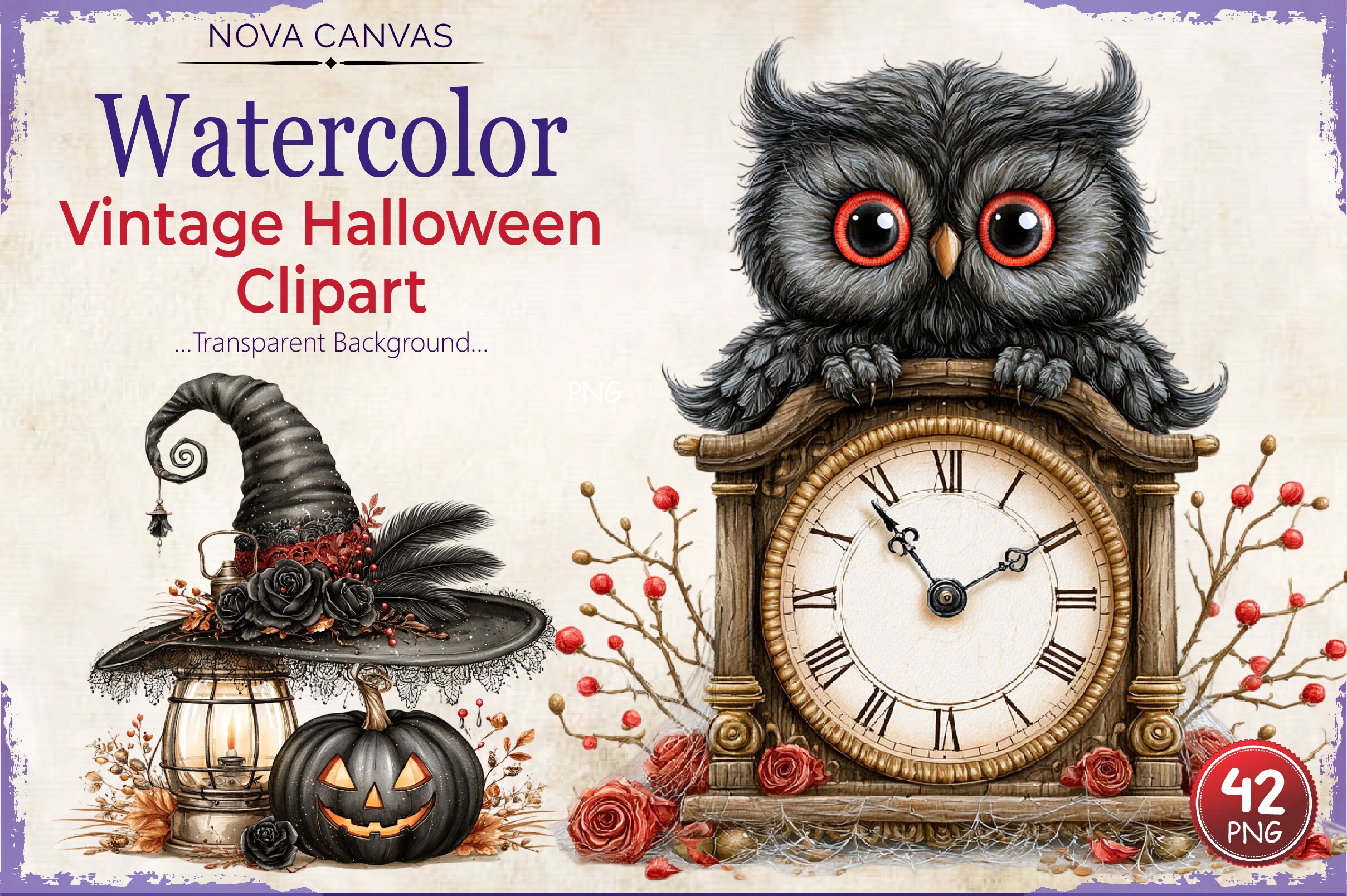 Watercolor Vintage Halloween Clipart PNG