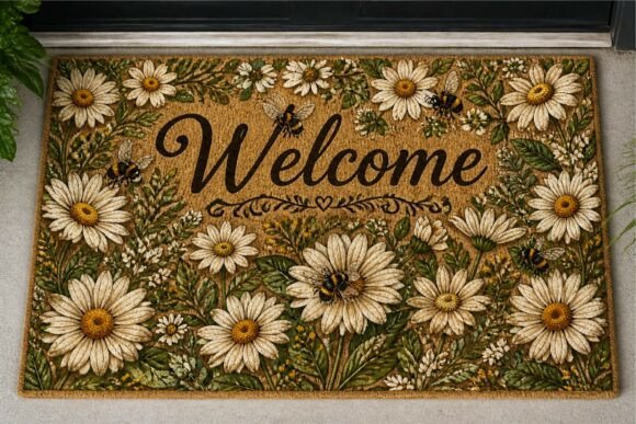 Welcome Daisy Flowers Bees Doormat PNG