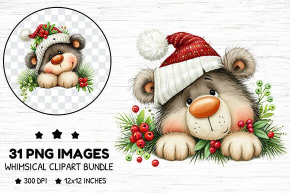 Whimsical Christmas Bear Clipart Bundle