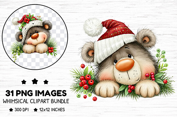 Whimsical Christmas Bear Clipart Bundle
