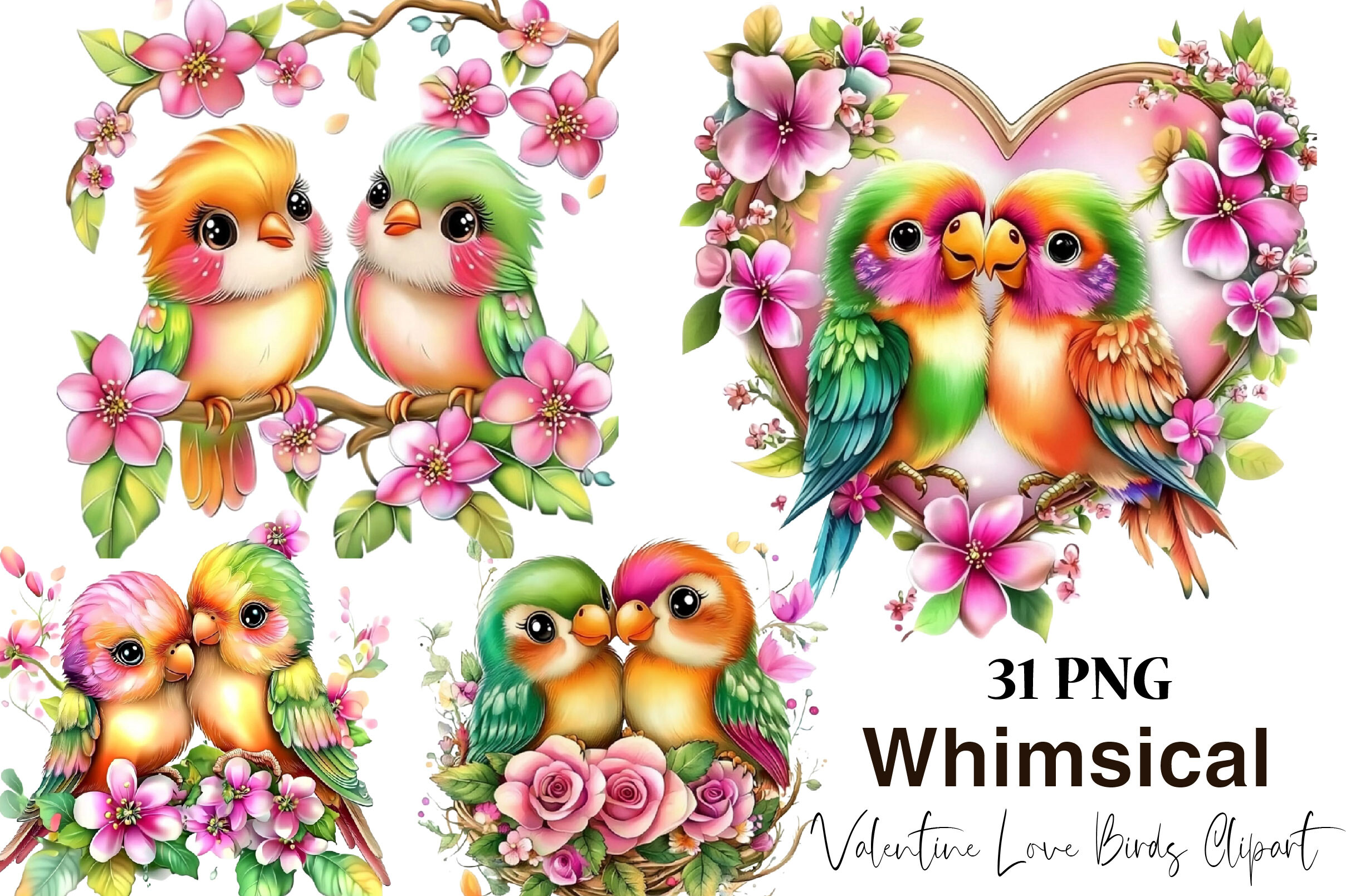 Whimsical Valentine Love Birds Clipart