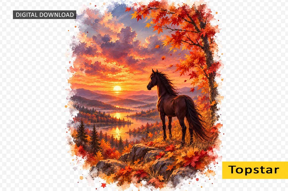 Wild Horse at Autumn Sunset Animal Art