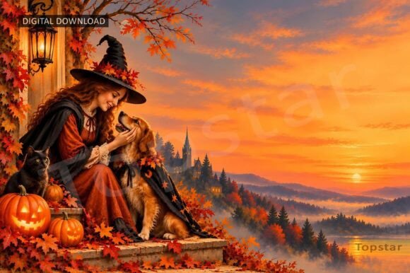 Witch with Dog Art Halloween Background