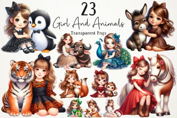 Younger Girl and Animals Clipart