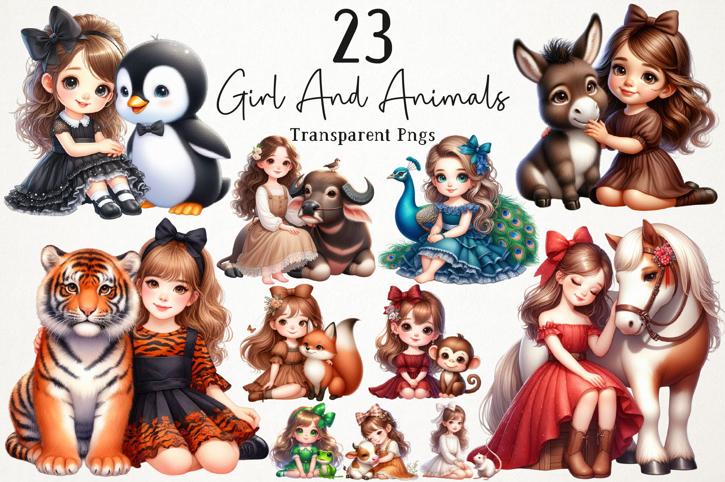 Younger Girl and Animals Clipart
