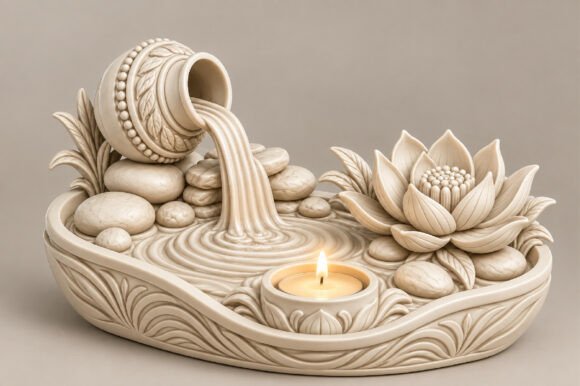 Zen Lotus Water Fountain STL – 3D Printable Tabletop Fountain with Candle Holder - Image 2